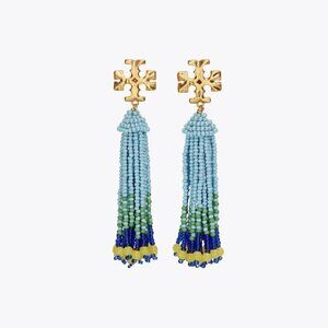 Tory Burch Roxanne Beaded Tassel Earrings Blue Green Statement Resort